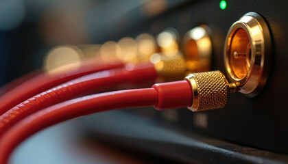 Red audio cables connect to gold plated input ports on an electronic device. Close up shows detail on connectors and wires for sound system or hi-fi equipment.