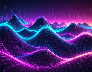 Digital landscape with neon-lit wave-like structures and interconnected lines under a vibrant, gradient-filled sky