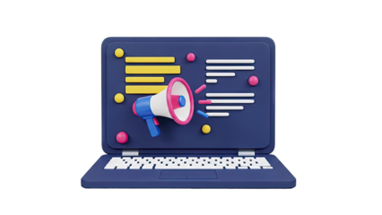 3D Laptop with Megaphone and Digital Content