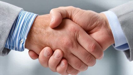 Handshake: Two individuals seal a deal or agreement through a firm handshake, symbolizing partnership and trust. The shot captures a sense of professionalism and collaboration.