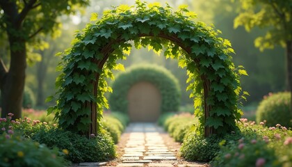 Green grape vine forms an archway over a stone path. Rich garden with blooming flowers and trees surrounds the walkway. Sunlight filters through leaves creating a serene natural scene.