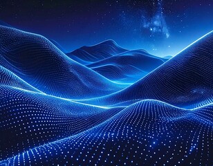 Digital landscape with undulating, glowing blue lines suggesting mountainous terrain under a starry night sky