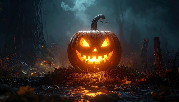A carved pumpkin with an eerie, glowing face sits in a dark, foggy forest, lit by its internal light