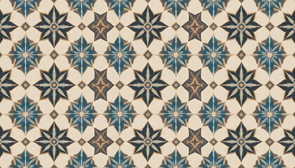 Blue and beige star pattern on white background geometric repeating pattern tile symmetry