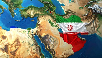 Digital map depicting a Middle Eastern region, overlayed with a waving flag and highlighting geographical features