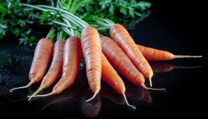 Vibrant Carrots with Dewy Greens Against Black Studio Backdrop
