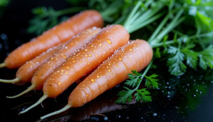 Vibrant Carrots with Dewy Greens Against Black Studio Backdrop
