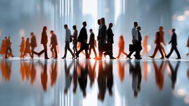 Commuting Crowd: A multitude of silhouetted individuals stride purposefully through a modern, luminous corridor. Reflecting the rhythm of urban life and the flow of humanity.