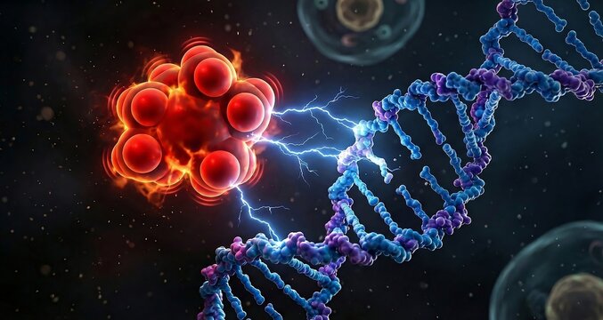 Oxidative Stress: Reactive Free Radical Molecule Attacking DNA Strand Causing Mutation (3D Illustration)