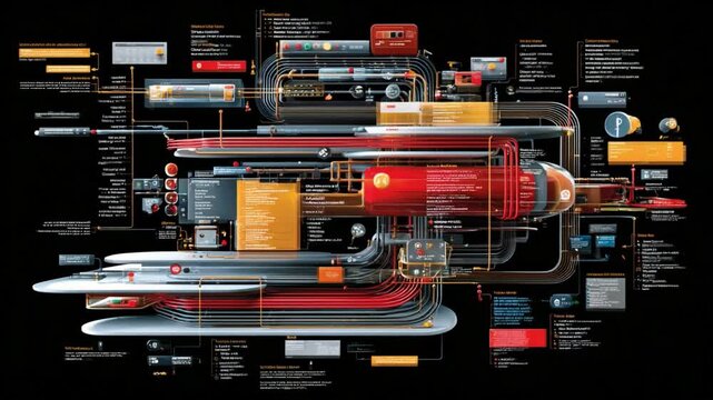 Technological schematic: An intricate and artistic representation of interconnected systems, showcasing the complexities of technological innovation in a dynamic, illustrative manner. 