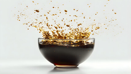 A glass bowl filled with soy sauce on a clean white background, minimalist composition, bright studio lighting, high resolution, wide shot. Dynamic scene: soy sauce ingredients (soybeans, water, salt,