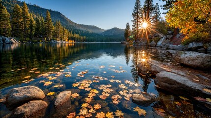 Scenic lake in a forest with autumn foliage, reflecting the sunrise, capturing light's brilliance