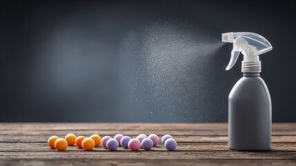 A plastic spray bottle emitting droplets, alongside scattered colorful spheres on a wooden surface