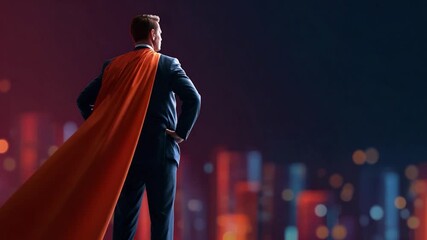 Superheroic Vision: A determined individual, clad in a tailored suit and a vibrant cape, gazes confidently upon a cityscape, embodying strength, vision, and unwavering determination.