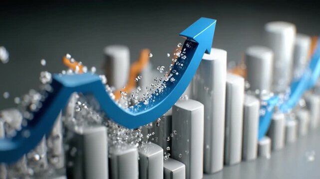 Growth and Progress: An upward-pointing arrow soars over a data visualization, symbolizing exponential growth, and progress. The graph's abstract design signifies business achievements.