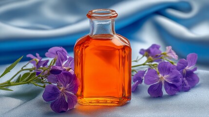 A small amber-toned bottle rests amongst delicate purple flowers on a silky, blue background