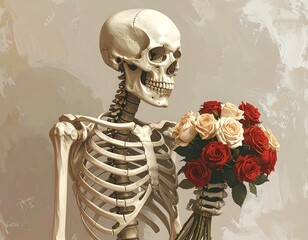 Digital painting depicting a skeletal figure, rendered in intricate detail, holding a vibrant bouquet of red and cream roses. Against a muted backdrop
