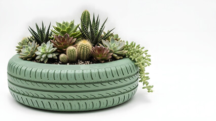 Old tire planter filled with succulents in green color  