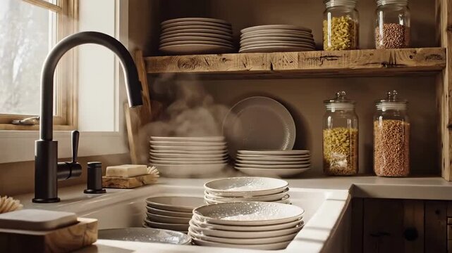 Aesthetic Still Life Of Farmhouse Kitchen With Rustic Sink And Steam Rising From Washed Plates