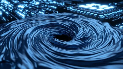 Dynamic abstract blue fluid forming a powerful swirling vortex resembling a digital data stream or an artificial intelligence core with glowing futuristic circuit board lights in the dark background . - Powered by Adobe