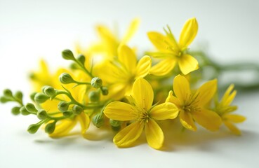 Obraz premium Delicate yellow flowers with green buds on white background. Small petals bloom on thin stems. Natural floral detail brightens any project. Spring botanical macro view.