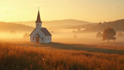 Fototapeta premium White country church stands in misty field at sunrise. Golden light illuminates quiet landscape with rolling hills and trees. Peaceful rural scene evokes calm and spiritual atmosphere.