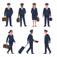 Diverse Group of Professional Airline Pilots and Captains in Uniform Flat Vector Illustration Set.