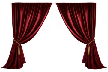 Opening red velvet theater curtains framed by golden tassels, creating a dramatic stage background and elegant cinema decor, with a transparent alpha channel
