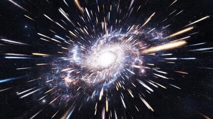 A celestial body with a bright core, surrounded by streaks of light, emerging from a dark space