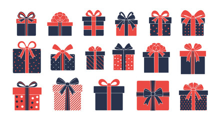 A festive collection of gift boxes and presents in red and dark blue, decorated with various patterned wrapping papers and ribbons.