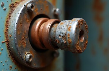 Close up of rusty water heater anode rod with copper heating element, metal flange. Shows signs of corrosion, mineral buildup requiring repair replacement. Indicates wear, tear on domestic appliance