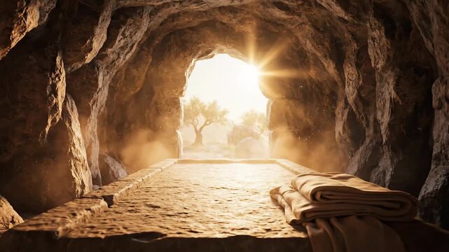 A cavern interior with light shining through the opening. A stone surface and folded cloth are visible
