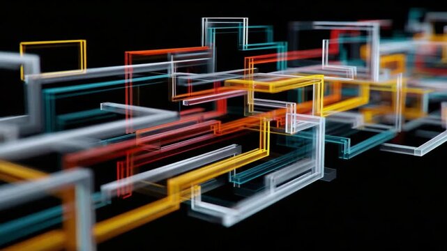 Abstract Digital Maze: A vibrant, colorful digital maze of interconnected lines unfolds against a stark black backdrop, depicting a complex network of technology and interconnectedness.