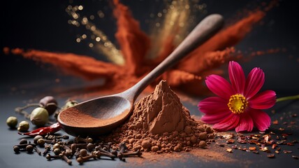 Wooden spoon with cocoa powder and whole coffee beans on dark surface
