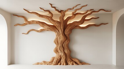 Wooden tree sculpture on white wall in room
