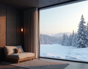 Minimalist living room offers serene winter landscape view from large window. Cozy couch and soft rug invite relaxation by warm indoor light. Snow covered pine trees and hills create peaceful scenery.