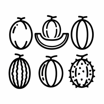 Outline icon set featuring various melon types including watermelon, cantaloupe, and kiwano, depicting healthy summer fruit illustrations on a white background.