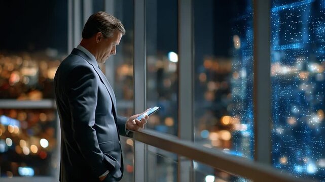 Modern Executive Contemplation: A distinguished figure, absorbed in the glow of a digital device, gazes out upon a mesmerizing cityscape at night, contemplating the future of business.