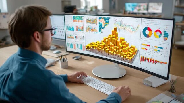 Data Analyst Focused: A focused individual analyzes intricate data visualizations displayed across multiple screens, highlighting the essence of information analysis and modern business intelligence.