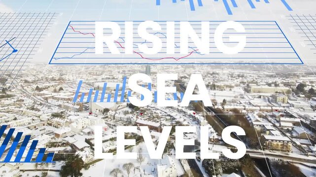 4k rising sea levels text animation, aerial city view with snow, climate change data graphics and charts motion background