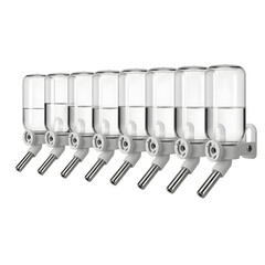 Wall-mounted automatic pet water dispenser system in modern minimalist style, white and transparent colors, hydration solution for multiple animals with copy space