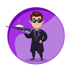 Cartoon flat funny mafia man character in black coat and sunglasses. Boy holding waiter tray, rifle and showing Hello gesture. Ready for animation. Isolated on violet background. Vector ... See More

