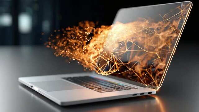 Digital Inferno: A laptop screen shatters, giving way to an eruption of fiery digital networks, symbolizing technological advancement and digital transformation. 