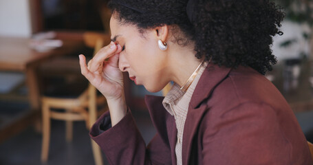 Woman, owner and stress in small business with headache, burnout and debt crisis in restaurant....