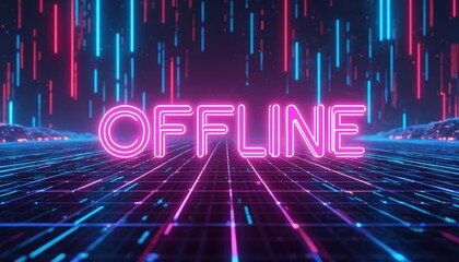 Neon sign displays OFFINE in pink against a dark background with vertical blue and red light streaks. Futuristic grid floor recedes into distance.
