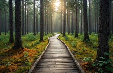 Obraz premium Wooden boardwalk winds through rich green forest floor. Tall pine trees reach towards sunbeams breaking through canopy. Mossy ground covers wetland vegetation. Path invites exploration.