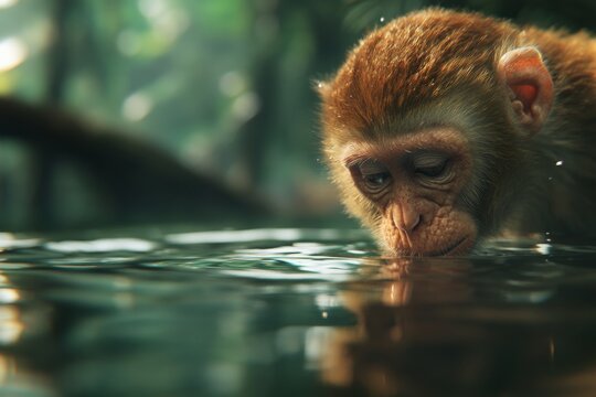 Curious monkey drinking water in lush green jungle setting
