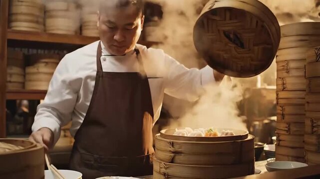 Authentic Preparation Of Steaming Hot Dim Sum By Experienced Chef In Traditional Kitchen