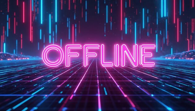 Neon sign displays OFFINE in pink against a dark background with vertical blue and red light streaks. Futuristic grid floor recedes into distance.