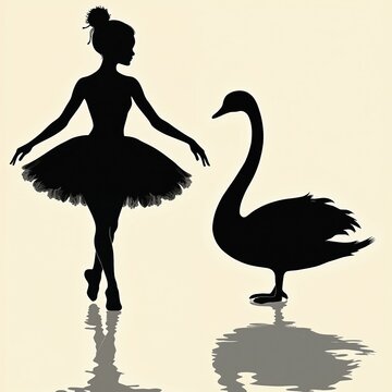 Black silhouette of ballerina with tutu and swan on light background. Female dancer poses gracefully next to graceful water bird. Artistic duo elegance.
